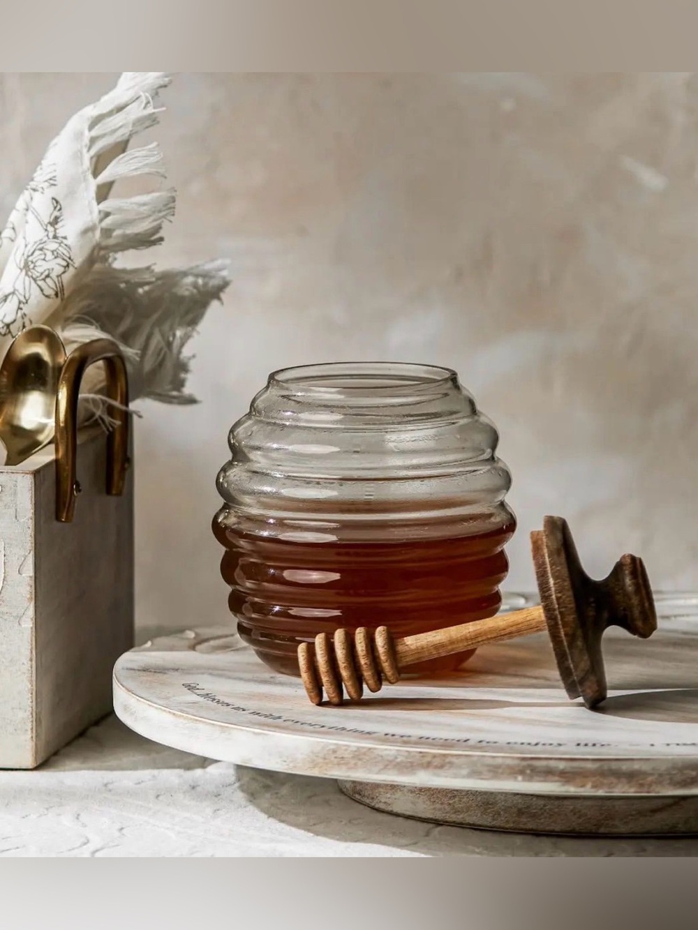 Mary & Martha Glass Honey Jar 3 piece set Wooden Dipper plus Lid - NIB